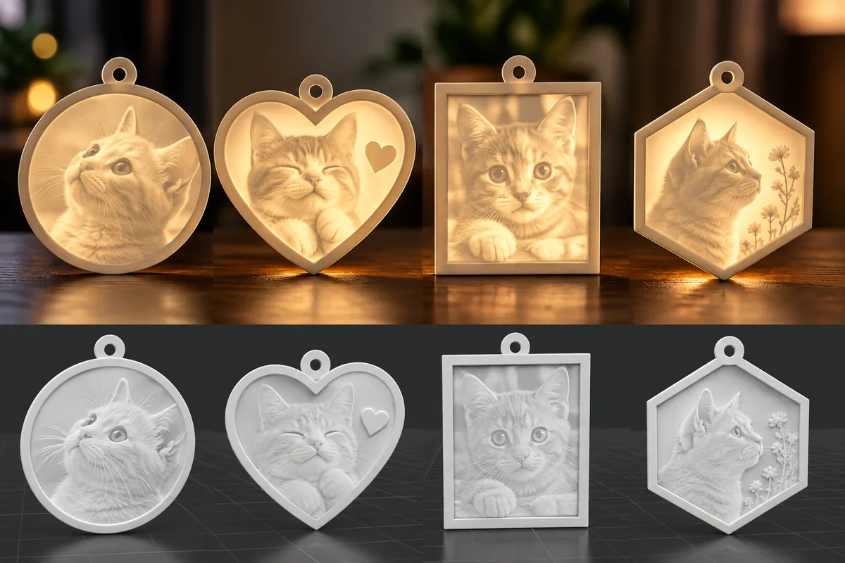 Contoh lithophane foto berbentuk gantungan kunci yang menyala
